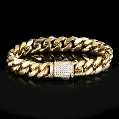 China Wholesale Hip Hop Hip Hop Iced Out CZ Clasp Restrictor Bracelet 14K 18K Plated Stainless Steel Cuban Link Bracelet for sale