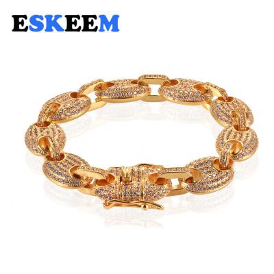 China Hip Hop 18K Gold Plated White Iced Coffee Bean CZ 12MM Hog Nose Bracelet 12MM Bracelet Outlet Hiphop Jewelry 3A for sale