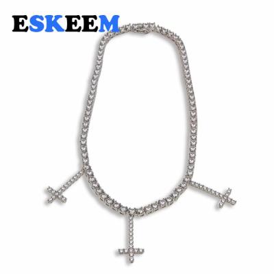 China Hiphop Hiphop Gold Silver Plated Iced Out AAA Cubic Zircon Single Row Cross Tennis Chain Necklace For Sale for sale