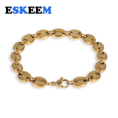 China High Quality Eskeem Hiphop 8MM Stainless Steel 18K Gold Coffee Bean Puffed Mariner Link Bracelet for sale