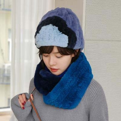 China COMMON fluffy printed winter knitted fur hats colorful set adult fashion warm rabbit fur hats scarf for sale