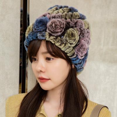 China COMMON Women Knitted Rex Rabbit Fur Hats for Ladies Colorful Flower Plush Knitting Fur Hats for sale