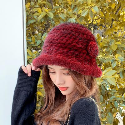 China Winter women real mink fur hat COMMON fur bucket hat plush fur hats red flower warm for sale