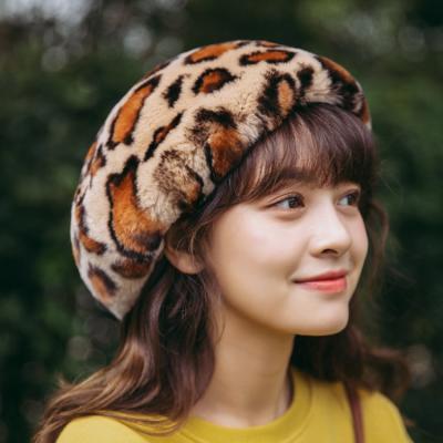 China JOINT Adult Adjustable Custom Made Leopard Print Fur Hats Women Knitted Leopard Rabbit Fur Beret Hats for sale