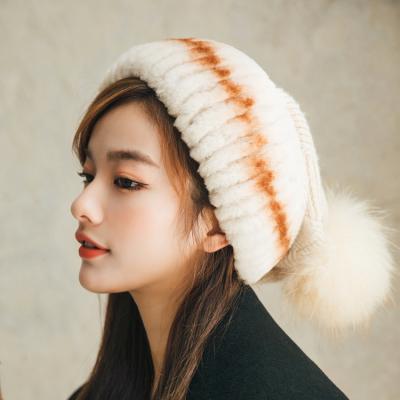 China JOINT Wholesale Cute Winter Fur Hat Real Rex Rabbit Warm Fur Hat With Elastic Band For Women for sale