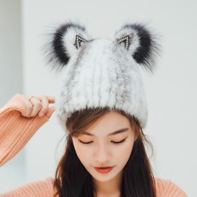 China JOINT Wholesale Cute Winter Fur Hat Real Rex Rabbit Warm Fur Hat With Elastic Band For Women for sale