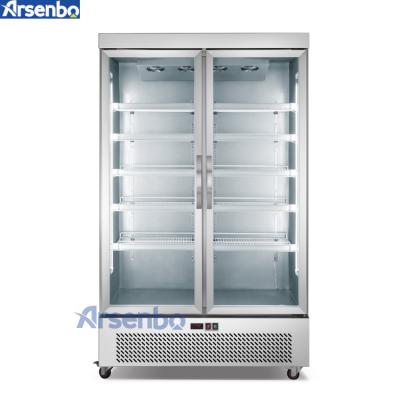 China Single-temperature Arsenbo commercial use stainless steel bottom mounted upright display refrigerator with double glass door for sale