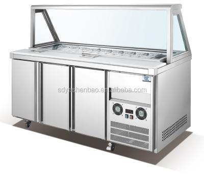 China Single-Temperature Arsenbo Stainless Steel Pizza Prep Table with Glass Cover Refrigerator Workbench Sandwich Chiller Worktable for sale