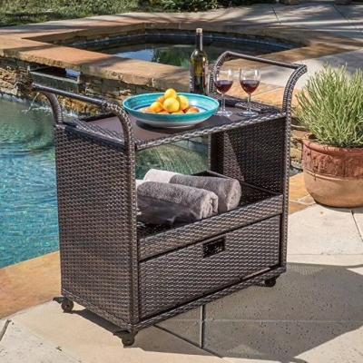 China Sustainable Outdoor Portable Wicker Patio Party Bar Drinks Rolling Entertainment Rattan With Shelf for sale