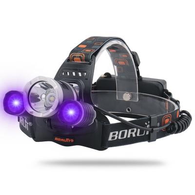 China White Led Mid & Boruit UV LED Light 3000 Lumen Purple UV Sides USB Charging 18650 Battery T6 LED Headlight for sale