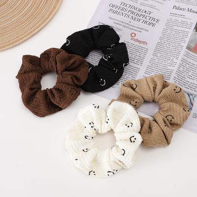 China Smile Wrinkle Cloth Hair Bands Women Smile Face Prints Cloth Hair Scrunchies Wrinkle Elastic Hair Bands Ponytail Holders Hair Ties for sale