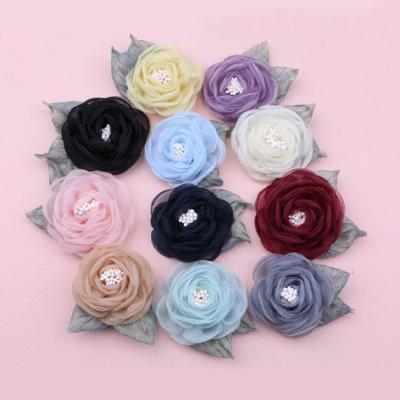 China Other 4.5cm*6cm 3D Mesh Rose Flower For Handmade Women Burnt Edges Corsage Fabric Floral Charm For DIY Brooch for sale