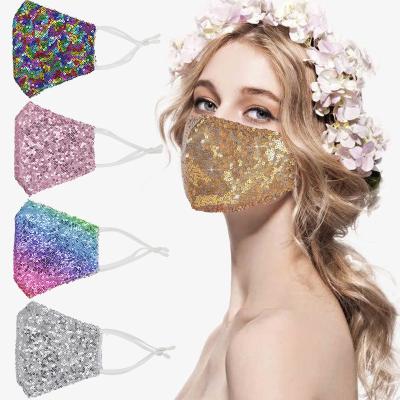 China Custom Wholesale Dust Washable Reusable Cloth Party Mask Cotton Cloth Maskes Bling Sequins Face Cover Maskes For Women for sale