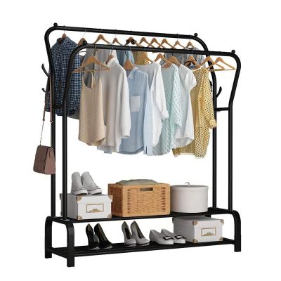 China Multifunctional Bathroom Double Garment Rack Free Hanger Rods Bedroom Clothing Rack with 4 Hooks for sale