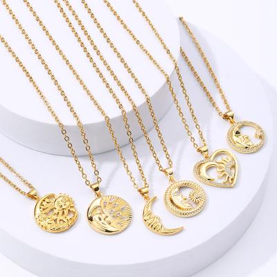 China High Quality Fashion Simple Stainless Steel Sun And Moon Necklace Zircon Pendant Necklace for sale