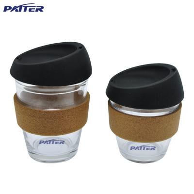 China Printing Any Models 8oz Tempered Glass Reusable Coffee Mug With Natural Cork Band for sale