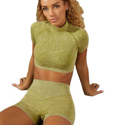 China Breathable Sand-washed Seamless High Collar Ribbed Short Sleeve Butt Lift Female Fitness Yoga Suit for sale