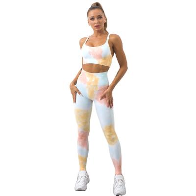 China New Breathable Yoga Suit Tie Dye Straps Bra Butt Lift Pants Beach Top Yoga Wear For Women for sale