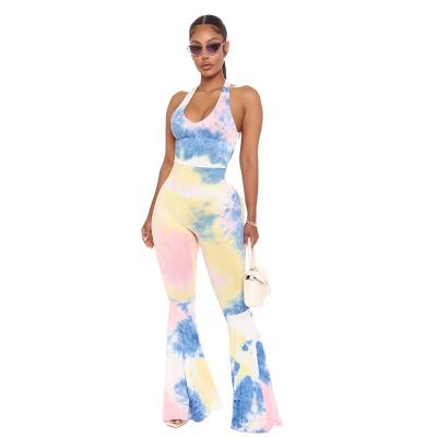 China Breathable Stretch X Sleeveless Backless Butt Fit Rocker Tie Dye Backless Ruched Overalls for sale