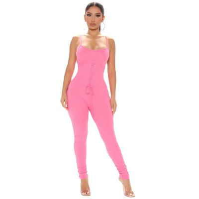 China OEM Breathable Custom Hot Pink Stretch Spaghetti Straps Corset Lace Up Ribbed Jumpsuit for sale