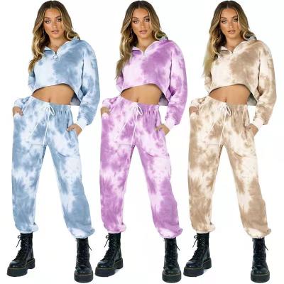 China Wholesales QUICK DRY tie dye stand collar zipper short women casual pants hoodie set for autumn for sale