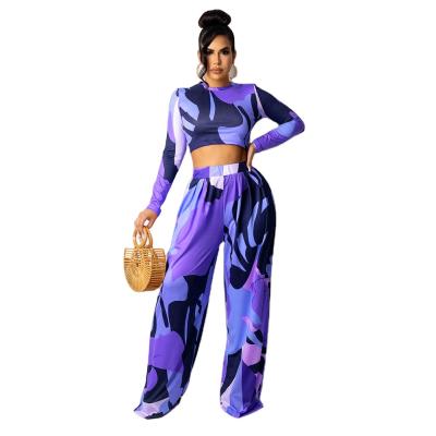 China OEM Fashion Digital Printed Long Bell Sleeve Bottom QUICK DRY Casual Wide Leg Pants Two Piece Set for sale