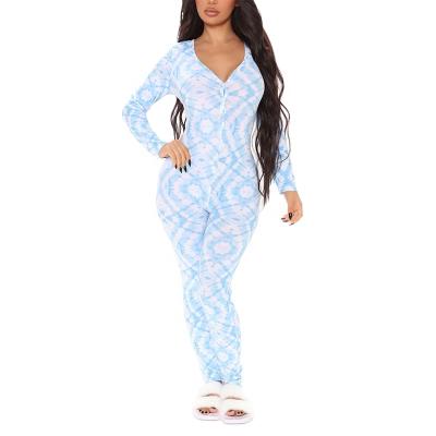 China Custom Brand V Neck Long Sleeve Women's Skin Tie Dye Friendly Breathable Onesie Overalls Slim Fit Pajamas for sale