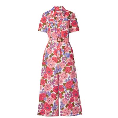 China Breathable OEM Customized Floral Printed Multicolor Canvas Short Sleeves Belted Overalls for sale