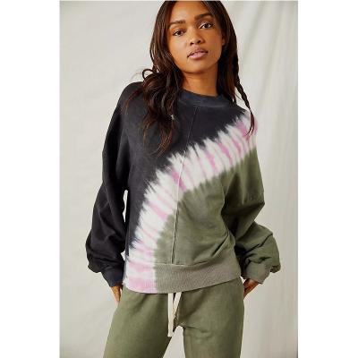 China Anti-pilling OEM dropped sleeves diagonal crewneck style washed tie dye sweatshirt hoodie for female for sale