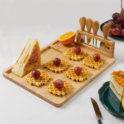 China Popular Stocked Rectangle Square Round Small Premium Cheap Meat Cheese Deli Bamboo Board With Knives for sale