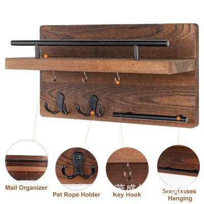 China 100% Eco-Friendly Durable Warm Wall Mounted Product Wooden Mail Sorter Mail Sorter Organizers With 4 Main Double Hooks And A Floating Shelf for sale