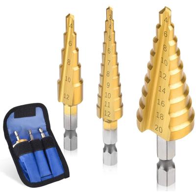 China 3Pcs Fast Speed ​​Drilling Sets 3-12mm 4-12mm 4-20mm HSS Straight Flute Titanium Step Drill Bit Set Coated Wood Metal Hole Cutter Drilling for sale