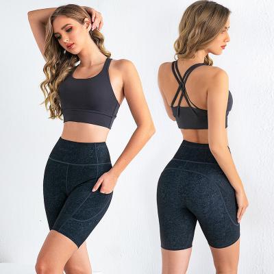 China Hot Selling Four Way Stretch Yoga High Elastic Top Sport Cross Back Sexy Bra Plus Size Activewear Pouch Shorts Sports Yoga Set Two Piece Suit for sale