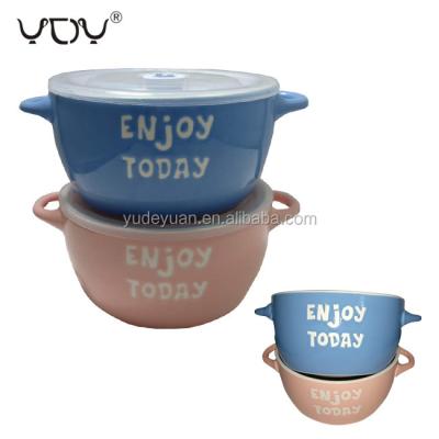 China Sustainable Stock Ceramic Soup Personalized Dog Noodle Lunch Bowls Colorful Blue Porcelain Serving Bowl With Lid for sale