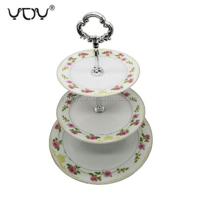 China YDY Factory Porcelain Sustainable Cake Plates Porcelain 2 Links Cake Stand Dessert Rack 3 Tier Ceramic Cake Dishes With Color Box for sale