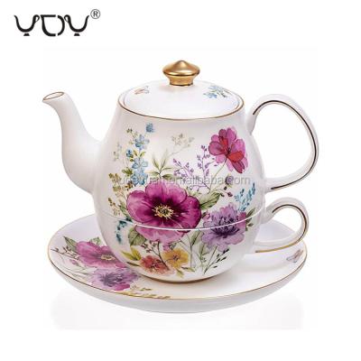 China Viable Modern Flower Style Gold Flower Style Turkish Custom Coffee Teapot 3 Pcs Ceramic Teapot for sale