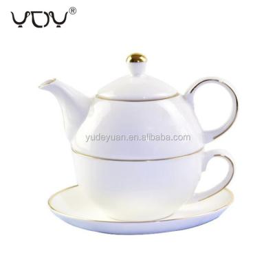 China New Bone China Factory 3pcs Golden Viable European Ceramic Rim Porcelain Style White Tea For One Set for sale