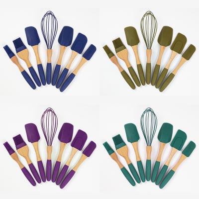 China Viable Wholesale Colored Cooking Tools 7Pieces Silicone Spatulas Set With Wooden Handle for sale