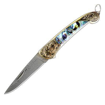 China Camping Knife Damascus Blade Steel Steel Mini Pocket Multi-Tool Folding Knife Outdoor With Natural Abalone Shell Handle for sale