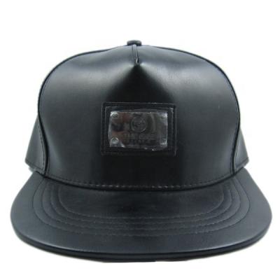 China COMMON All Patch Black Leather Metal Plate Hat Snapback Metal Badges PU Leather Custom Hats for sale