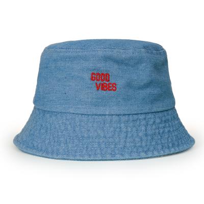 China New design denim fabric fashionable women's COMMON bucket hat for women men's reversible wide brim bucket hat for sale