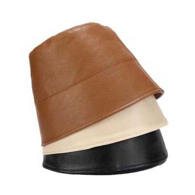 China PU brown beige khaki bucket hat womenswear ladies fashion hats vegan casual leather bucket hat COMMON for sale