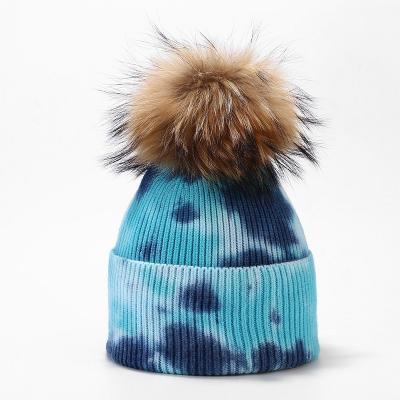 China COMMON Warm Detachable Bobble Woman Winter Tie Adult Dye Knit Beanie Hat for sale