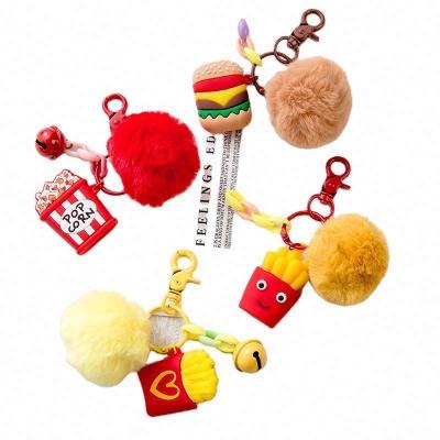 China Promotion Gift 3D Cartoon Simulation Food Popcorn Pom Pom PVC Burger Key Chain for sale