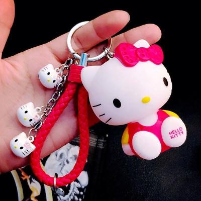 China Pink Vinyl Cat Kt Doll Keychain Leather Rope Ring Holder Metal Bell Key Bag Charm Chain Cute Car Key Ring Pendant Gift for sale