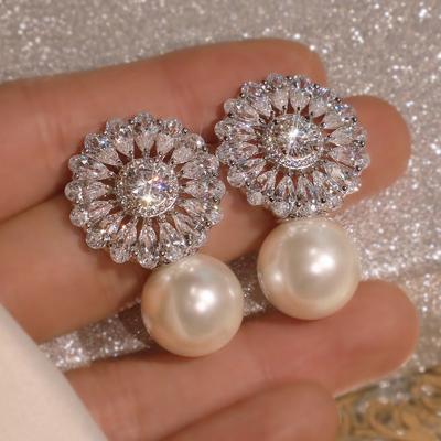 China TRENDY Zircon Stud Earrings Imitation Pearl Delicate Female Earring For Party Women Fashion Jewelry for sale