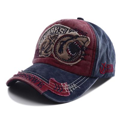 China Soft Hat Kids Peaked Baseball Cap Summer COMMON Worn Looking Denim Color Block Retro Washed Embroidery Men's Shark Embroidery for sale