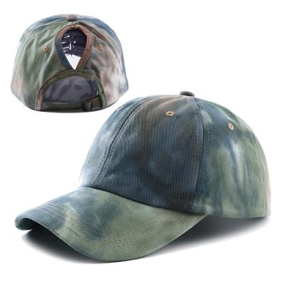 China COMMON Women's Tie Dyed Cotton Ponytail Baseball Cap Soft Top Summer Flat Sunscreen Sun Visor Outdoor Lightweight Hat for sale