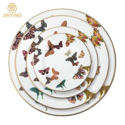 China Sustainable New Design Banquet Tableware Set Ceramic Dinner Plates Set With Gold Rim for sale