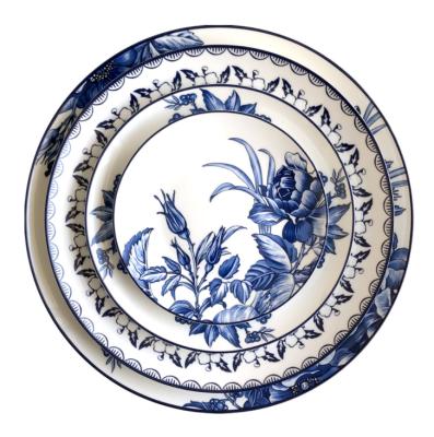 China Viable Fine Blue Flower Porcelain Dinner Set Ceramic Rim Bone China Dinnerware Dinnerware Luxury Golden Dishes for sale